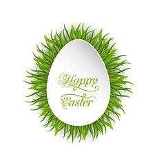 Image showing Happy Easter paper card in form egg with green grass