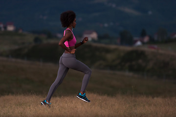 Image showing Young African american woman jogging in nature