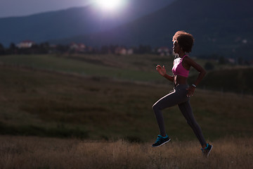 Image showing Young African american woman jogging in nature