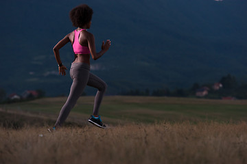 Image showing Young African american woman jogging in nature