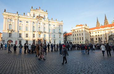 Image showing Tourists queue in front of the Prague Castle