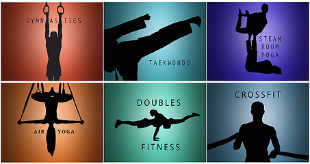 Image showing The collage from silhouettes of man and woman training sport