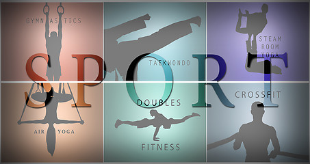 Image showing The collage from silhouettes of man and woman training sport