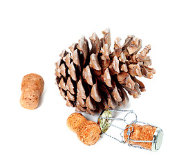 Image showing Big pine cone and champagne wine corks with muselet