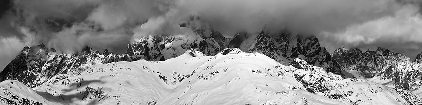 Image showing Black and white panoramic view on Mounts Ushba and Chatyn