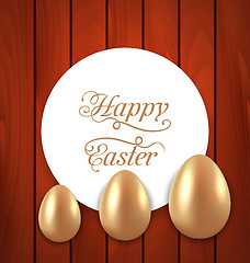 Image showing Celebration card with Easter golden eggs on wooden red backgroun