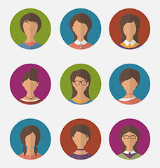 Image showing Set colorful female faces circle icons, trendy flat style