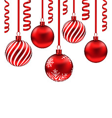 Image showing Set red glass balls with serpentine for Merry Christmas, isolate