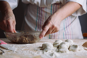 Image showing Two hands making meat dumplings.