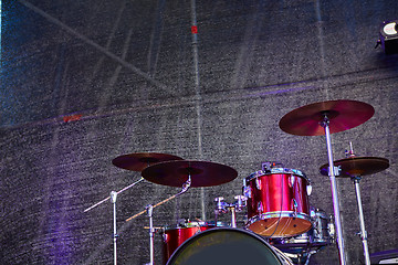 Image showing Modern drum set on stage prepared for playing.