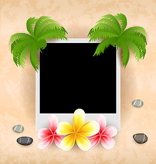 Image showing Empty photo frame with palm, flowers frangipani, sea pebbles