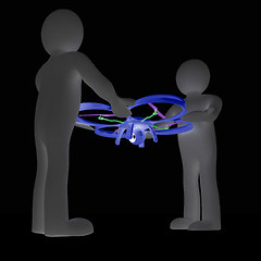 Image showing 3d man with drone, quadrocopter, with photo camera. 3d render. 3