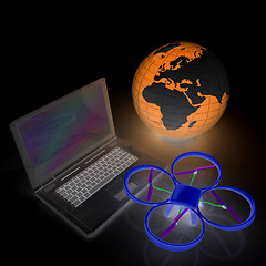 Image showing Drone or quadrocopter with camera with laptop. Network, online, 