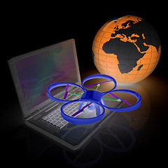 Image showing Drone or quadrocopter with camera with laptop. Network, online, 