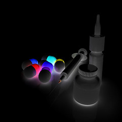 Image showing Syringe, tablet, pill jar. 3D illustration