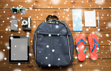 Image showing close up of smartphone and travel stuff