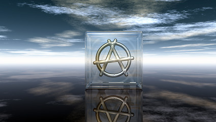 Image showing metal anarchy symbol in glass cube - 3d rendering