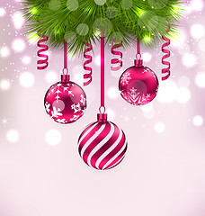 Image showing Christmas fir branches and glass balls, copy space for your text