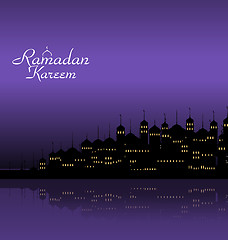 Image showing Ramadan Kareem Night Background with Silhouette Mosque and Minarets