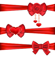 Image showing Set red gift bows ribbons with rose and heart, isolated on white