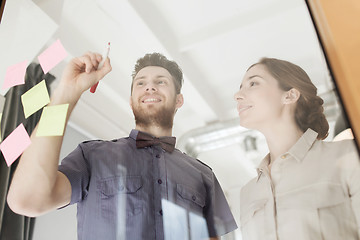 Image showing happy creative team writing on blank office glass