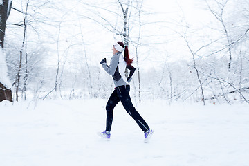 Image showing Athlete running in winter woods