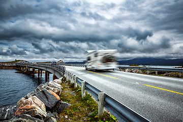 Image showing Norway. Caravan car travels on the highway.