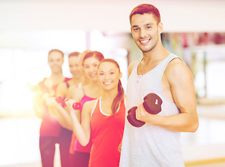 Image showing group of smiling people with dumbbells in the gym