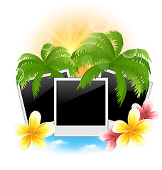 Image showing Set photo frame with palms, flowers frangipani, seascape backgro