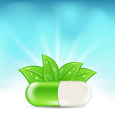 Image showing Natural Medical Pill with Green Leaves