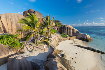 Image showing Dramatic sunset at Anse Source d\'Argent beach, La Digue island, Seychelles