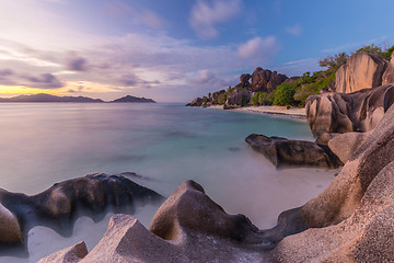 Image showing Dramatic sunset at Anse Source d\'Argent beach, La Digue island, Seychelles