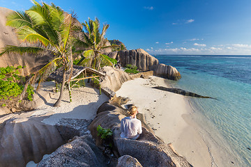 Image showing Dramatic sunset at Anse Source d\'Argent beach, La Digue island, Seychelles