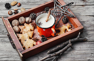 Image showing Cup of coffee and christmas symbol in wooden box