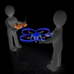 Image showing 3d man with drone, quadrocopter, with photo camera. 3d render. 3