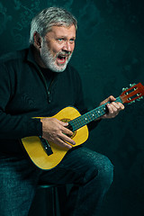 Image showing Studio portrait of senior man with guitar.