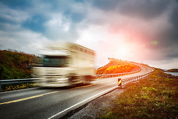 Image showing Truck and highway at sunset