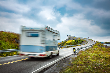 Image showing Norway. Caravan car travels on the highway.