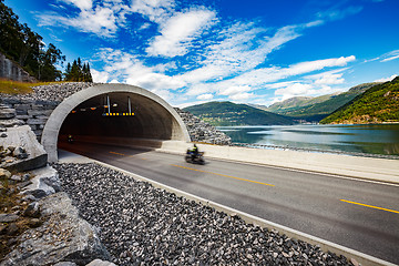 Image showing Road in Norway Biker racing on the track in the tunnel