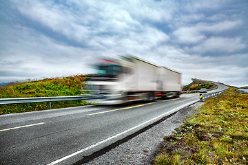 Image showing Truck and highway at sunset