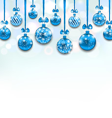 Image showing Christmas Blue Glassy Balls with Bow Ribbon