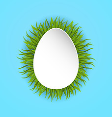 Image showing Happy Easter paper card in form egg with green grass, copy space