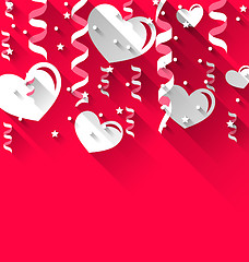 Image showing Background for Valentines Day with paper hearts, streamer, stars