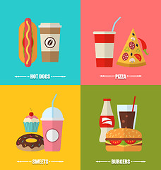 Image showing set fast food and drink, flat colorful simple icons