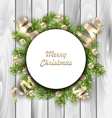 Image showing Merry Christmas Card with Fir Twigs, Balls and Serpentine