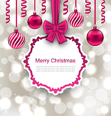 Image showing  Greeting Paper Card with Bow Ribbon and Christmas Balls