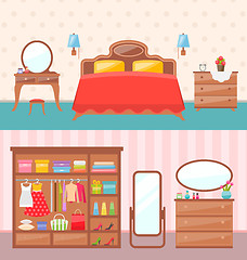 Image showing Flat design bedroom interior.  illustration. Modern furniture, bunk bed, carpet, table lamp. Baby room with toys.