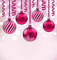Image showing Christmas shimmering background with balls and streamer