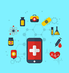 Image showing Smart phone with medical icons for web design, modern flat style