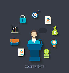 Image showing Orator speaking from tribune and flat icons of business conferen